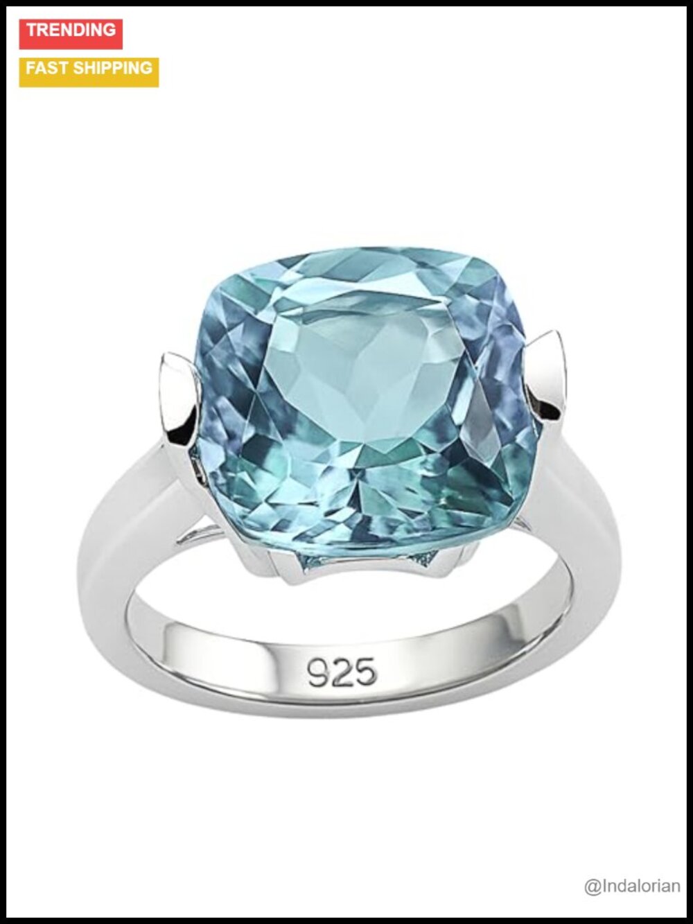 Blue Topaz Cushion Cut Ring 12x12mm 925 Sterling Silver Statement Ring